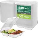 Freshware Compostable Clamshell Food Containers [8x8"] 3-Compartment 50-Pack, Disposable Containers, Biodegradable Sugarcane to Go Boxes - Paper Food Containers - Microwave & Freezer Safe, Stackable