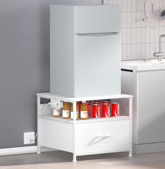 Mini Fridge Stand with drawer Storage,shelf & Power Outlet
180lb Mini Fridge Table with Charging Station,Heavy duty small refrigerator shelf,end table for Living Room,Home Kitchen