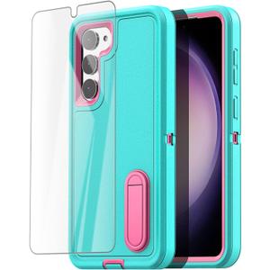 AICase for Samsung Galaxy S23 Plus Case Built-in Kickstand with Glass Screen Protector,Heavy Duty Drop Protection Full Body Rugged Shockproof Military Protective Tough Durable S23+Plus 6.6"_3 (Water Blue/hot pink+Glass Protector/Camera Lens)