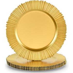 13" Line Gold Charger Plates, Classic Chargers for Dinner Plates, Reusable Plastic Table Setting Bulk Event, Party, Wedding, Festival, Baby Shower
