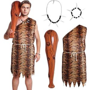 Halloween Caveman Costume Jungle Necklace Tooth Bone Bracelet Inflatable Cave Bat Caveman Stick for Women Men Cosplay