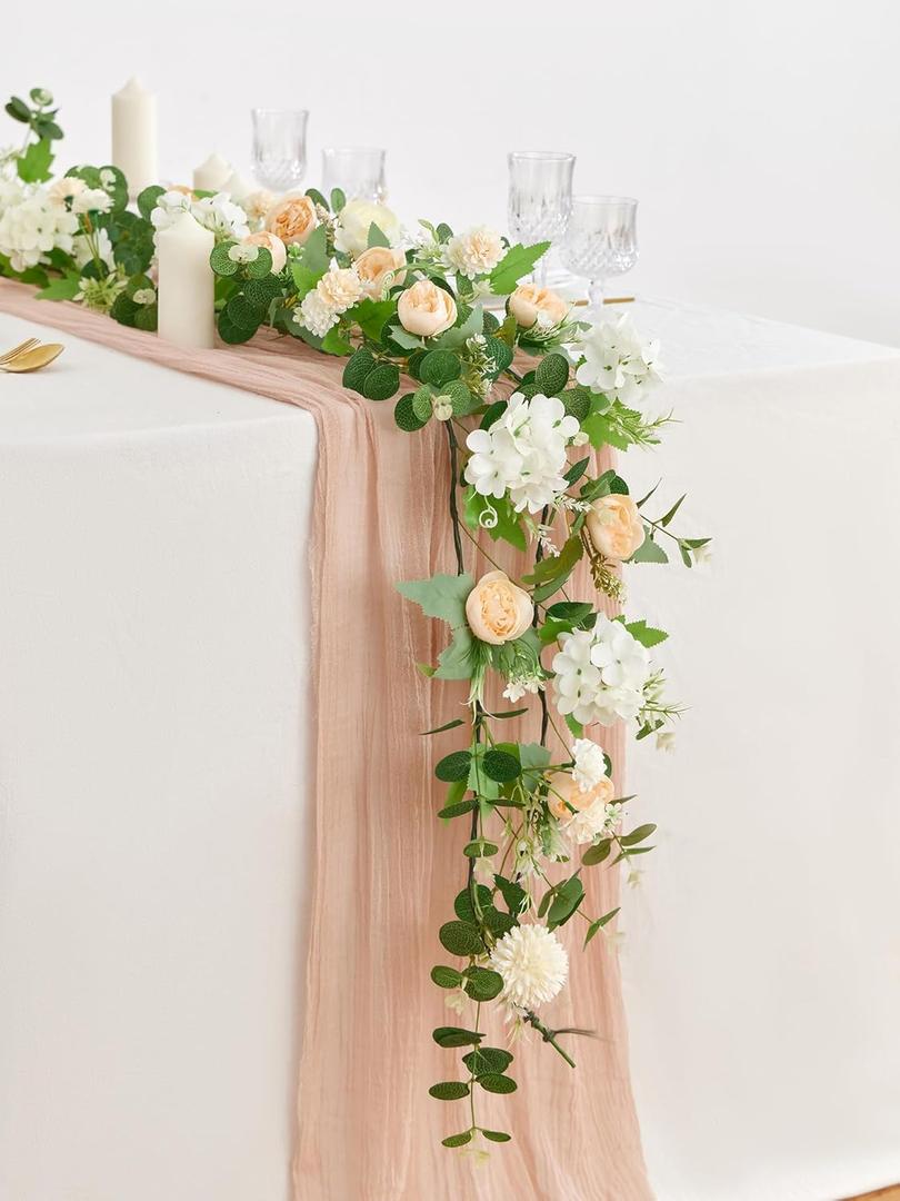MISSPIN 5.9Ft Eucalyptus Garland with Flowers, Artificial Fake Flower Greenery Spring Garland for Baby Shower Wedding Mantle Table Centerpiece Spring Decor (Champagne)