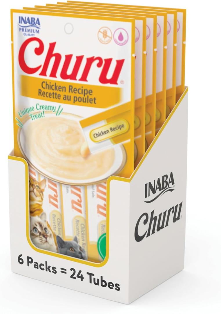 INABA Churu Cat Treats, Grain-Free, Lickable, Squeezable Creamy Pure Cat Treat/Topper with Vitamin E & Taurine, 0.5 Ounces Each Tube, 24 Tubes (4 per Pack), Chicken Recipe