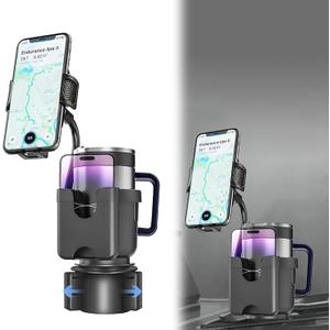 Car Cup Holder Expander with Phone Mount, [Super Stable & No Shaking] 3 in 1 Upgraded Thick Gooseneck Cup Holder Car Mount, Slots for Placing Cards and Mobile Phones,for All Smartphone, SJZJ01