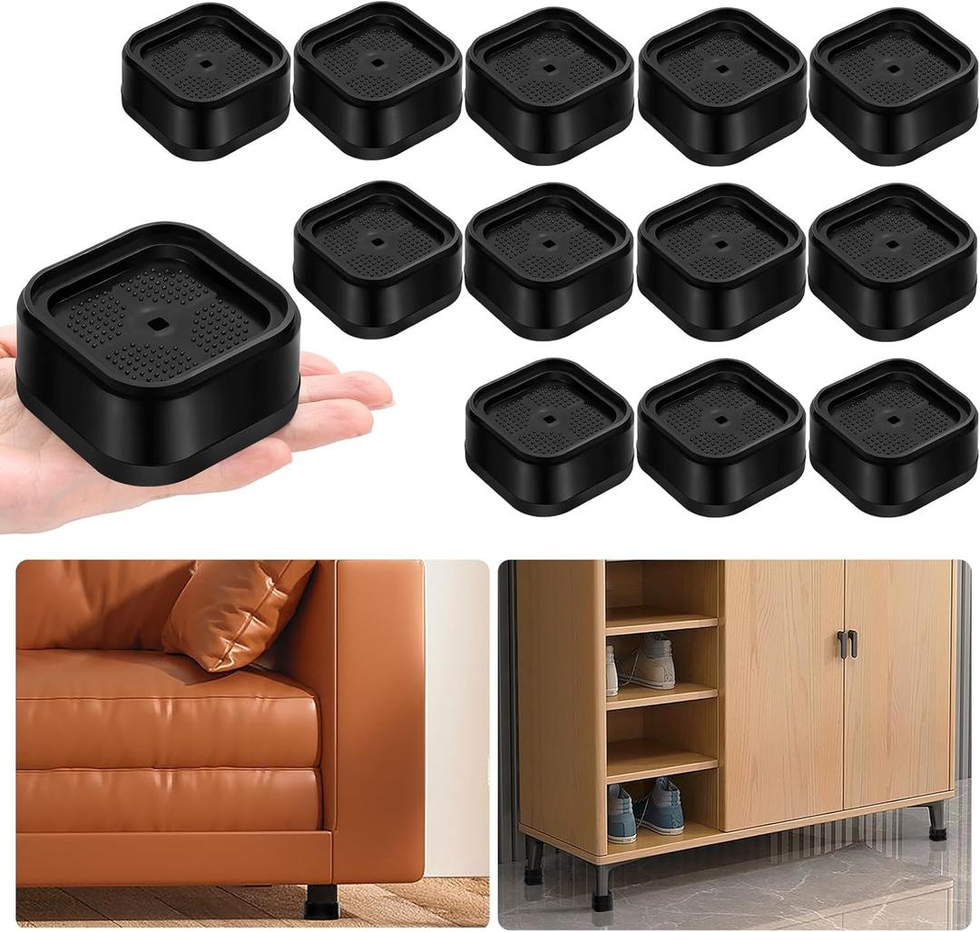 shouwuhho 12 Pack Furniture Risers Adjustable Bed Risers Heavy Duty Lifts Height 1", Square Stackable Bed Risers 1, 2 or 3 Inch for Desk Leg Table Couch Sofa Chair Bed Frame Legs Dorm, Black