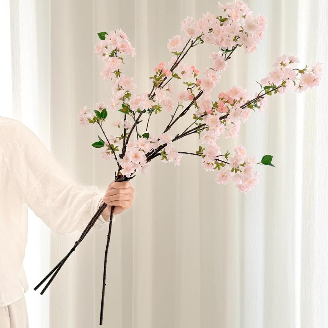Senjie Artificial Cherry Blossom Branches, Fake Flowers Bouquet with Real Touch Long Stems, Faux Silk Flowers for Vases Wedding Party Table Centerpieces Spring Home Decor (3PCS, Vase Not Included) (Light Pink)