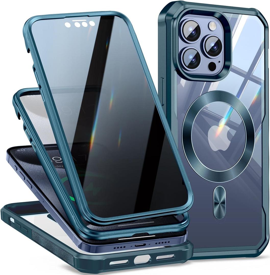 [CD Loop+Privacy Screen Protector]Magnetic Case for iPhone 15 Pro Case,[Military Grade Drop Protection] Anti-peep Privacy Double Sided 9H Glass Compatible with MagSafe (Blue Titanium)