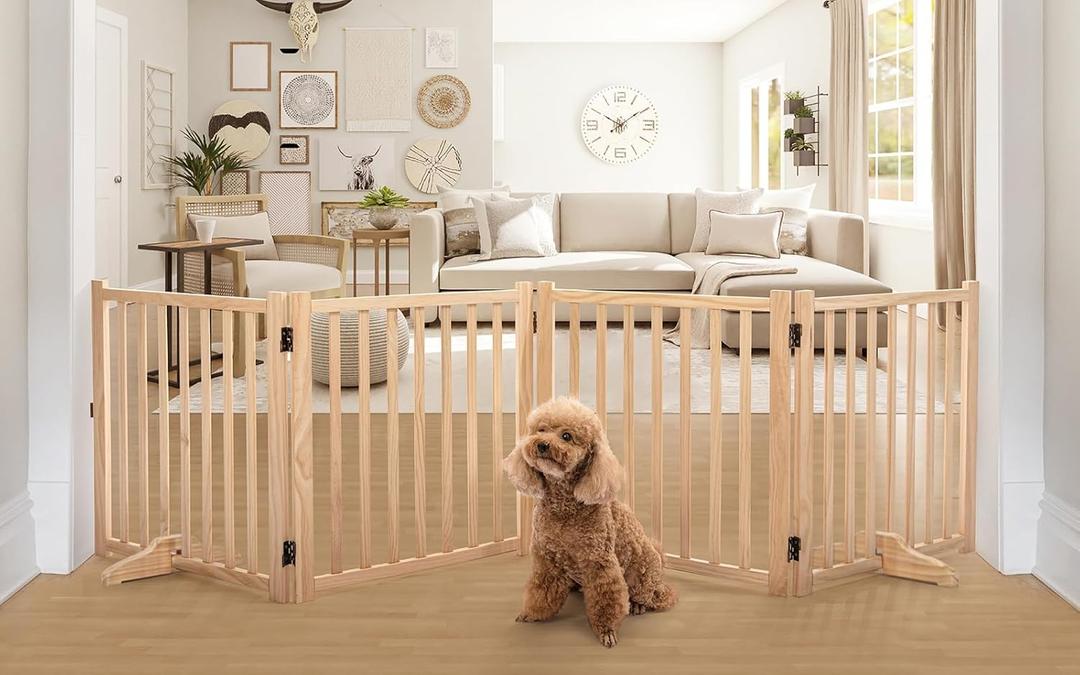 YOCAN Paint-Free Wooden Freestanding Dog Gates for The House,Doorways, Stairs,Wood Dog Fences Indoor Pet Gate,Step Over Fence-4 Panel H:23