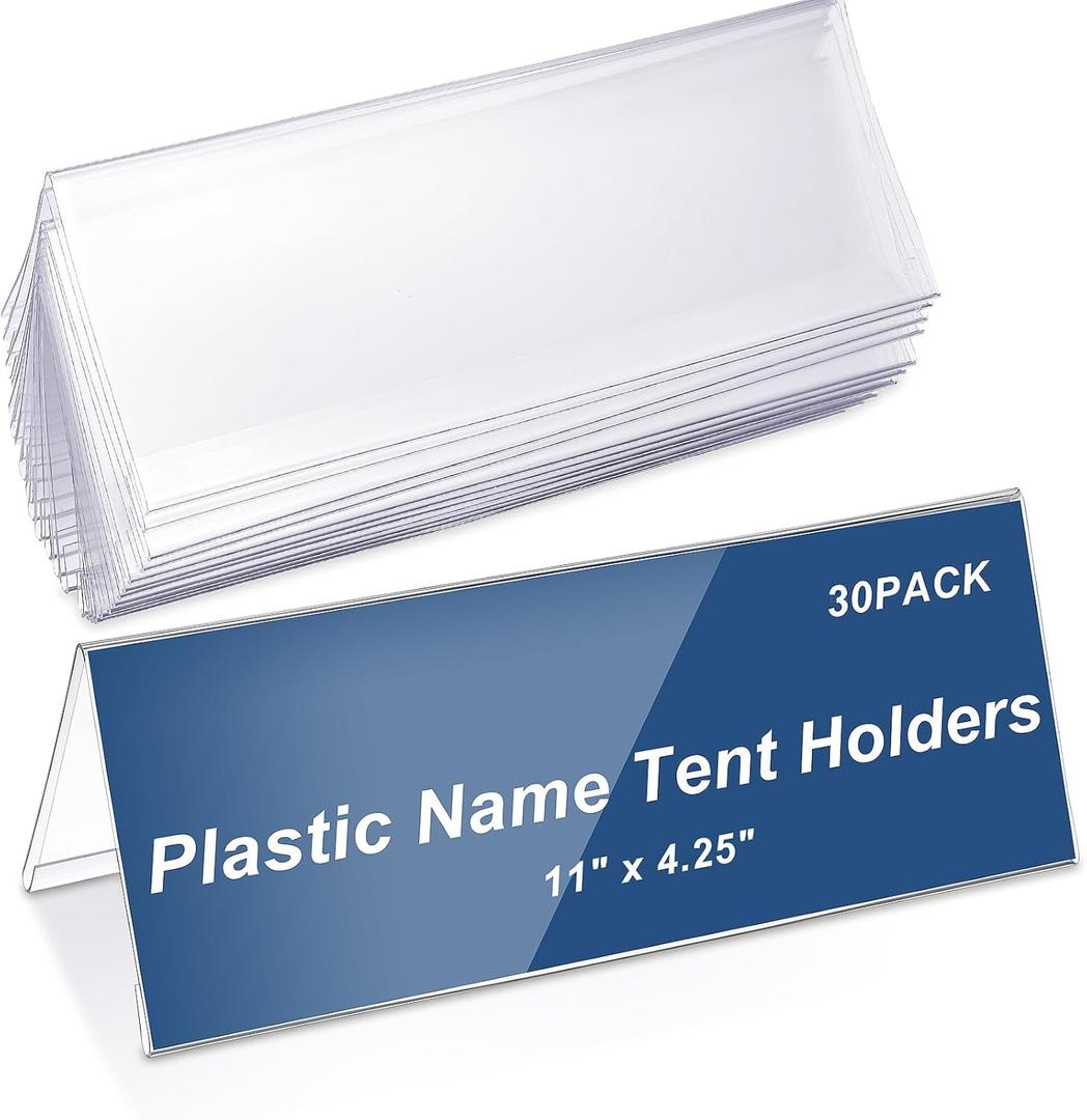 Vicenpal 30 Pieces Clear Plastic Name Tent Holders 11" x 4.25" Acrylic Name Plate for Desk PVC Card Tent Holder Desk Sign Frame for Table Office Business Conference Meeting Room School Display Stand