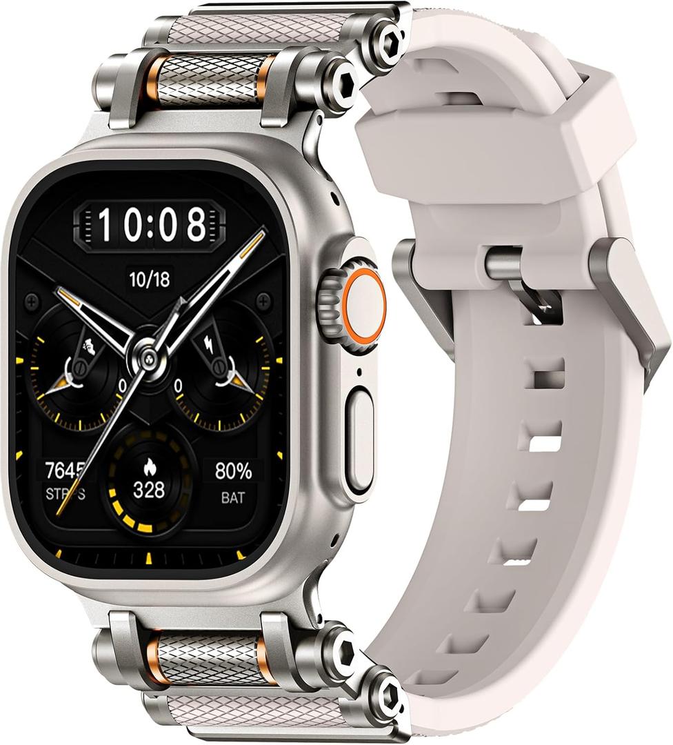 TAURI Silicone for Apple Watch Bands Ultra 3/2/1 49mm [Liquid Silicone Strap + Stainless Steel Metal Connector] Sport Band for iWatch 49mm Adjustable Band Men Women, StarLight