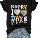 100 Days of School Shirt Teacher Happy 100th Day of School Graphic T-Shirt Casual V Neck Short Sleeve Tee Tops (Black, XL)