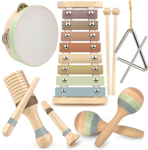 Stoie's Wooden Toddler Musical Instruments with Xylophone, Maracas, Triangle, Tamburine for Babies and Kids, Eco Friendly Montessori Educational Toy