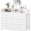 BOLUO White Dresser with Mirror, Fabric Dressers 6 Drawer Dresser for Bedroom with Charging Station, Vanity Dresser for Girls Modern