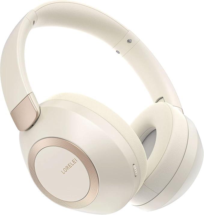 LORELEI BC6 Wireless Over Ear Headphones, 50H Playtime Foldable Lightweight Bluetooth Headsets, Deep Bass, Builtin Microphone, Memory Foam Earmuff, for Travel, Home Office (Beige White)