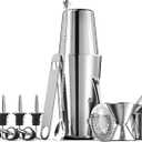 Expert Cocktail Shaker Home Bar Set - 14 Piece Stainless Steel Bar Tools Kit with Shaking Tins, Flat Bottle Opener, Double Bar Jigger, Hawthorne Strainer, Shot Glasses, Bar Spoon, and 6 Pour Spouts.