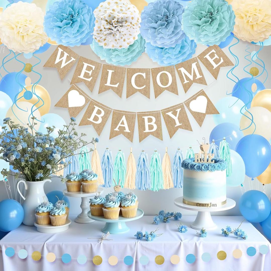 Blue Baby Shower Decorations for Boy with Welcome Baby Banner, Blue Champagne Balloons, Tassel Garlands, Swirls, and Paper Pom Poms for Boho Baby Shower or Gender Reveal Party Supplies