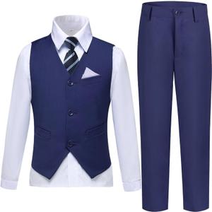 Boys Suit Formal Dress Pants Vest Suit Set for Boys Wedding Outfits with Dress Shirt Tie and Pocket Square (12, Navy Blue)