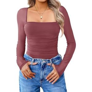 Avidlove Women's Square Neck Mesh Long Sleeve Bodysuit Shirts Ruched Body Suit Sexy Sheer Tops Date Night Outfit XXL (Dark Purple Red)