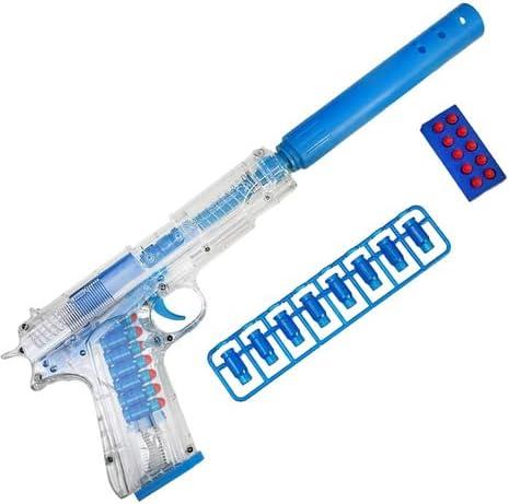 ArtCreativity Glowing Toy Pistol with Ejecting Shells - 8.75" - Realistic Soft Bullet Pistol with Silencer, 10 Soft Bullets, Shells & Safety Glasses - Toy Shell Ejecting Gun with Functional Magazine