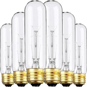 6 Pack T10 Tubular Light Bulbs, 25W Bulb, Clear Incandescent, E26 Medium Base, Warm White, Dimmable Vintage Tubular Style Showcase Bulb
