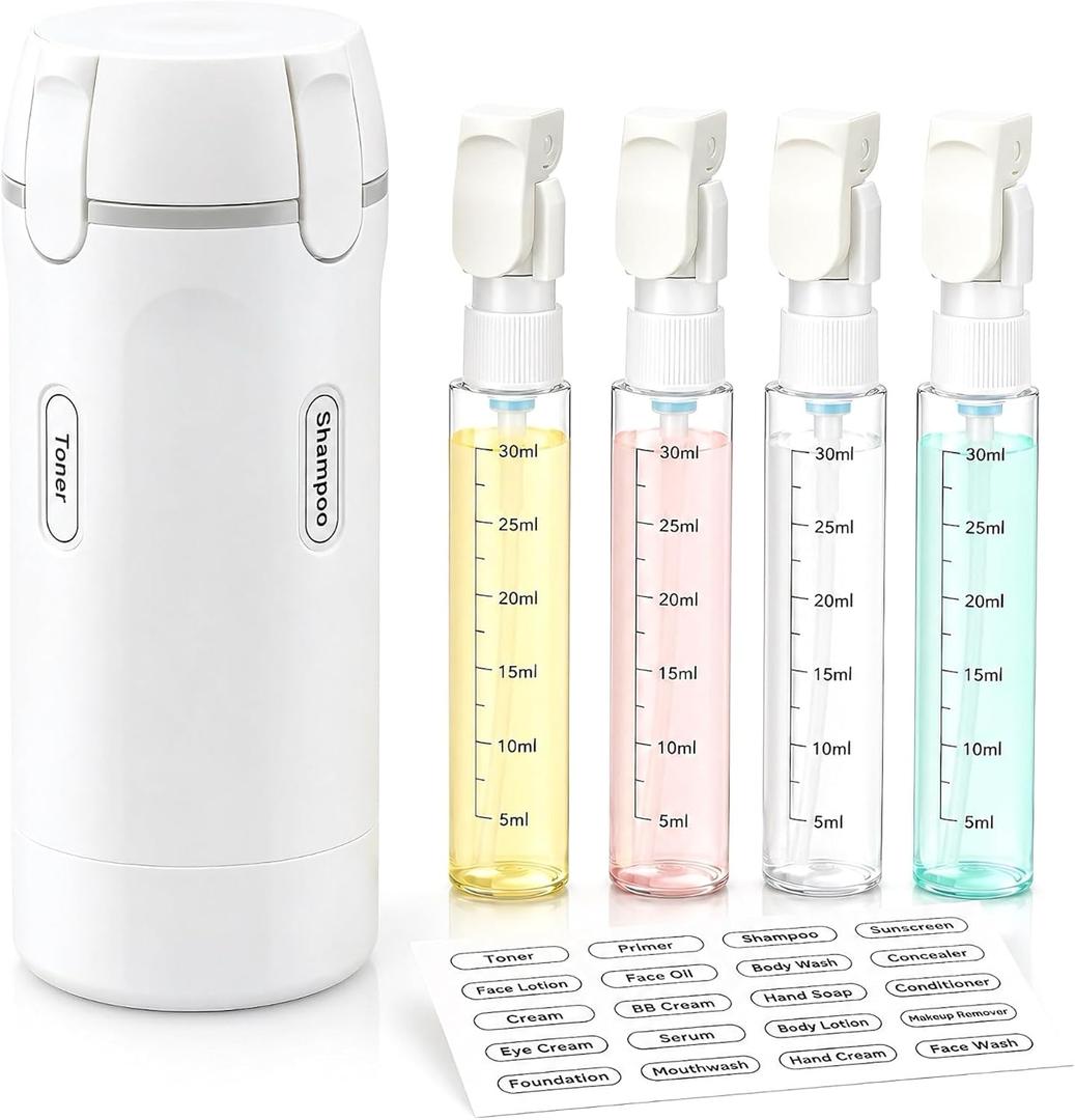 4 in 1 Travel Dispenser Bottle, 4 Pack 30ML Travel Bottles for Toiletries, Leakproof Refillable Pump Containers, TSA Approved Travel Size for Shampoo Lotion Conditioner, Travel Essentials