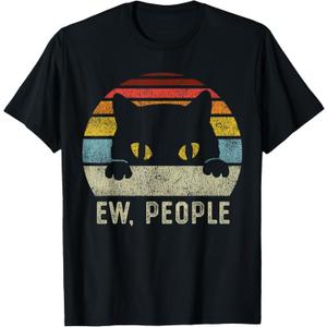 Ew People Retro Cat Funny Vintage Anti Social Introvert T-Shirt (Small, Black)