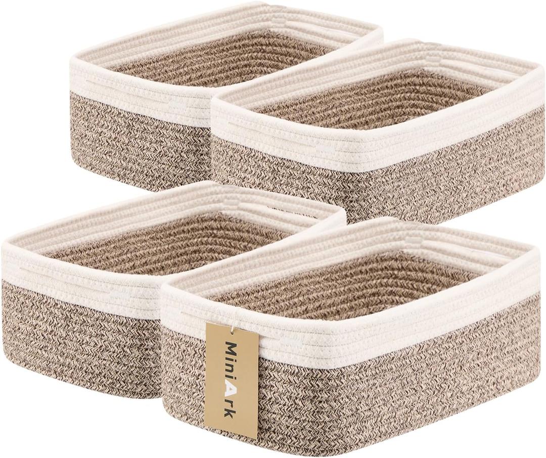 Small Storage Baskets for Organizing | Closet Organizer Bins | Shelf Toy Basket | Woven Rope Baskets | Cube Decorative Box | Shallow Basket | 13x8.5x5.1 | 4 Packs White Brown