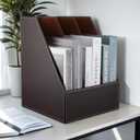3 Tier Leather Magazine Holder - Vertical File Organizer with PU Leather Cover, Handmade Office Desk Organizer for A4/A3 Documents, Magazines, Books - Coffee (3 slot)