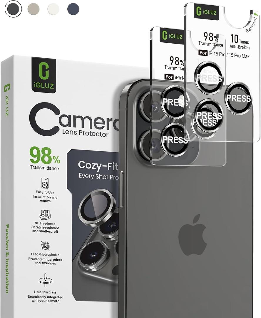 iGluz 2 Pack Anti-Reflection Camera Lens Protector for iPhone 15 Pro/15 Pro Max - Anti-Fog Ultra Thin Tempered Glass, 1-Step Installation Tray, Strong Adsorption, 9H Shatterproof & Scratch Resistant, Black Titanium