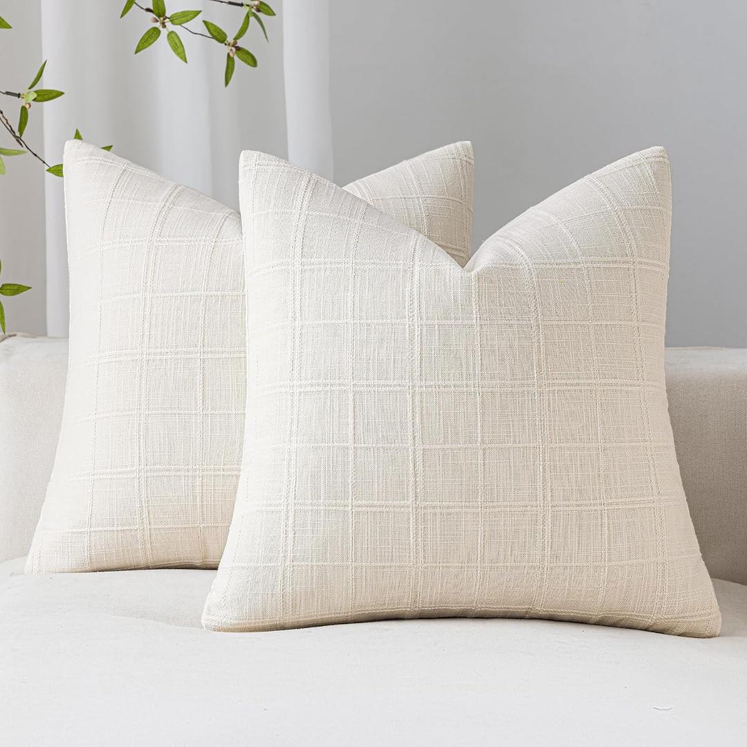 Decorative Linen Check Throw Pillow Covers Set of 2, 18"x18" White Neutral Cushion Covers, Farmhouse Vintage Modern Boho Home Decor for Sofa Chair Couch Bedroom