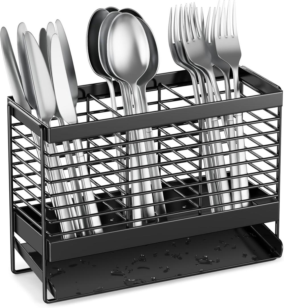 IWNTWY Utensil Holder, Upgrade Stainless Steel Utensil Drying Rack with Automatic Drain Tray for Kitchen Counter, Silverware Cutlery Organizer for Spoons, Forks, Knifes, Chopsticks (Black)