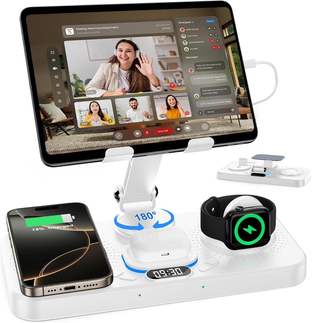 30W Charging Station for Apple Products, Foldable Wireless Charger with Clock Display&7 Color Light, Wired Charging for iPad/Tablet Charging Station for iPhone17, for Apple Watch11 for AirPods4(White