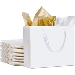 12 Pack Medium Size Gift Bags with Ribbon Handles & Tissue bags, White Gift Bags for Shopping, Small Business, Bridal Party, Wedding, Baby Shower, Bridal Party, Christmas and Holiday (10.6 x3.5 x8.3)