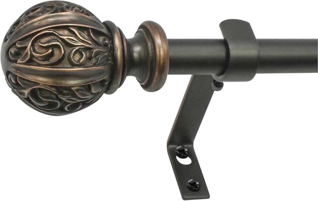 Decopolitan 5/8" Leaf Ball Curtain Rod Set, 26 to 48 Inches, Vintage Bronze