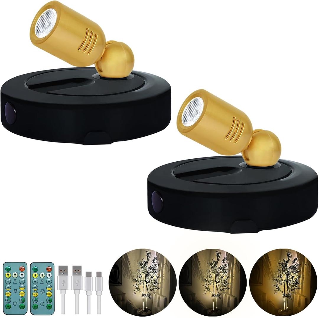 HAMVIDNE Rechargeable LED Spotlight, 3 Lighting Modes Battery Powered Indoor Spotlights with Remote, Uplighting for Trees Plants, Dimmable Timer Picture Spot Light for Wall Artwork-2Pack