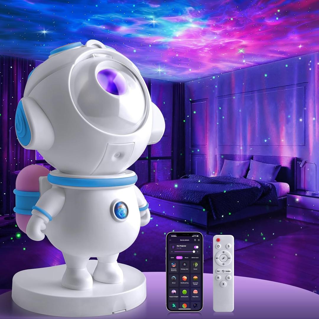 Astronaut Galaxy Star Projector Light, Aurora LED Night Light Lamp for Bedroom,Adults Kids Room Decor, Space Starry Nebula Ceiling Lighting Projector with Timer, Remote & APP Control, White Noise (Blue)