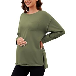 Ecavus Women's Oversized Maternity Shirts Long Sleeve Side Slit Pregnancy Tee with Pocket Fall Winter Mama Clothes (Small, Army Green)