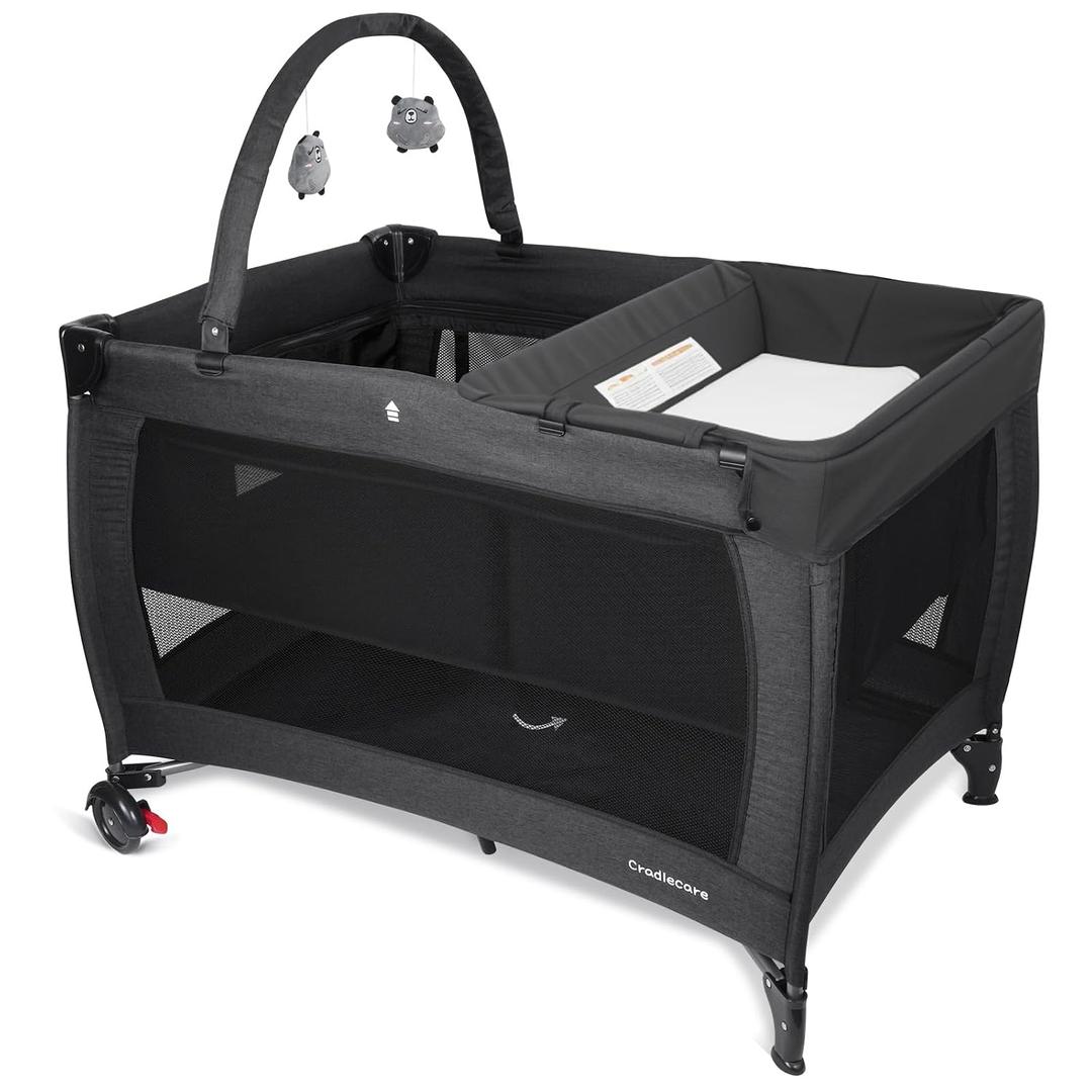 3 in 1 Pack and Play, Baby Bassinet, Changing Tabler - Portable Baby Playpen for Babies and Toddlers, Foldable Playard with Locking Wheels & Storage Diaper Basket(Black)