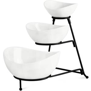 YHOSSEUN 3 Tier Serving Stand with 3 Oval Porcelain Serving Bowl Set with Collapsible Thicker Sturdier Metal Rack (Black)