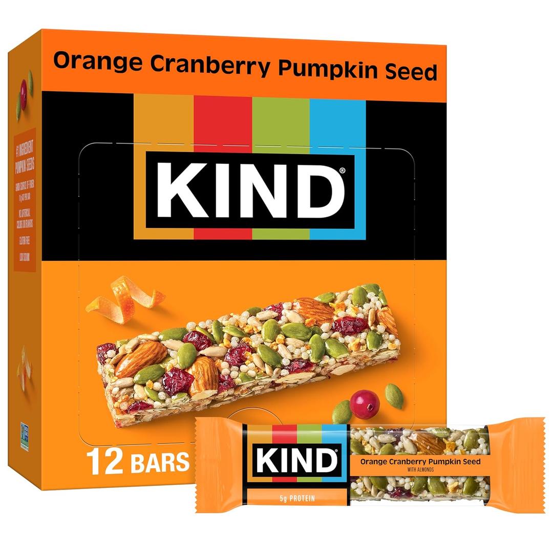 KIND Healthy Snacks Bars, Orange Cranberry Pumpkin Seed, Gluten Free, High Fiber Snacks, 5g Protein, 12 Count, BB 30 JAN 2027