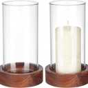 WEBEEDY 2 Sets Hurricane Glass Candle Holders Pillar Candle Holder with Wood Plate Base, Table Decorative, Holder Table Centerpieces for Wedding, Birthday Party, Christmas, Kitchen