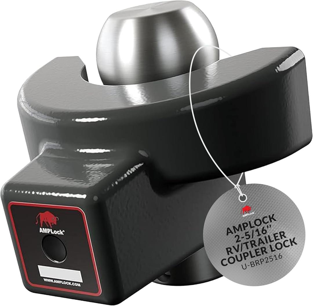 AMPLock - U-BRP2516 Heavy Duty Trailer Coupler Lock 2 5/16, RV & Trailer Hitch Lock, Straight Lip Trailer Ball Locks, Travel Trailer Accessories, Anti Theft for Trailers & RV with Push & Lock System