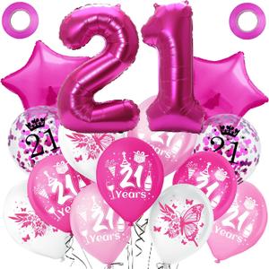 2 x Rosered Happy 21st Birthday Balloons Hot Pink Latex Inflatable Clear Confetti Helium Balloons Anniversary Party Decorations Supplies for 21 Year Old Women, Her, Mom, Sister