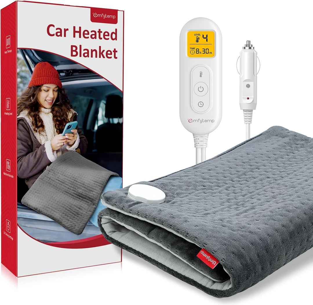 Comfytemp 12V/24V Car Electric Blanket for Back Pain Relief 17"x 33", 4 Heat Settings, 11 Auto-Off, Portable Mini Travel Blanket for Back Pain, Neck, Shoulders and Cramps Relief Washable