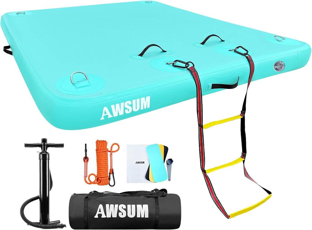 AWSUM Inflatable Floating Dock Air Dock Platform Floating Island Raft with None-Slip Surface for Pool Beach Ocean (8  6 ft, Mint Green)