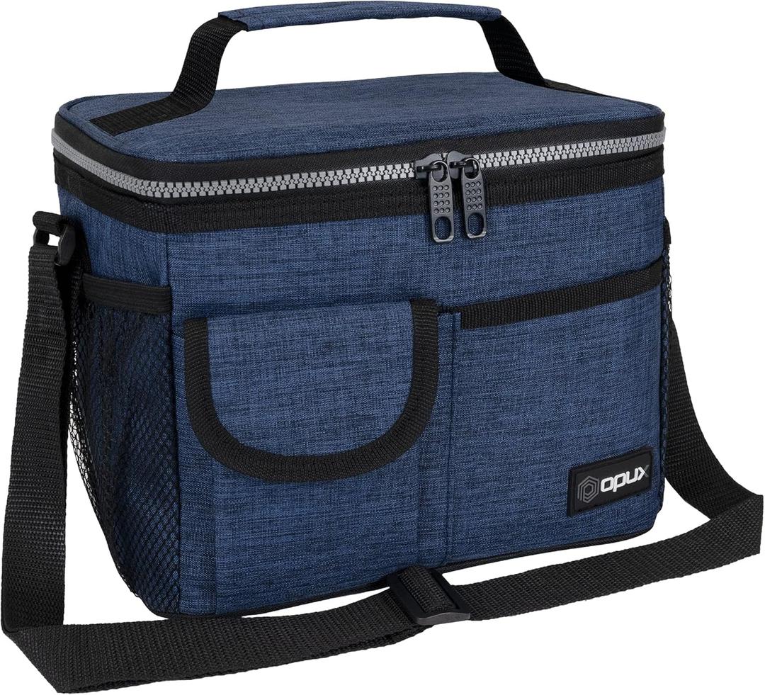opux Insulated Lunch Bag for Men Women, Leakproof Heather Navy Lunch Box for Work, Portable Soft Lunch Cooler Bag with Shoulder Strap, Adult Lunchbox Lunch Pail for Kid Boy Girl School, 14 Can/8L