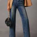 Womens Wide Leg Jeans Mid High Waisted Baggy Straight Leg Stretchy Denim Pants Seamed Long Trousers (Blue)