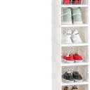 Foldable Shoe Rack Storage Organizer, Tall Narrow Shoe Shelf for Closet Entryway, Free Standing Cabinet with Clear Door, Plastic Space Saving Corner Shoe Stand, White (White, 10-Tier)