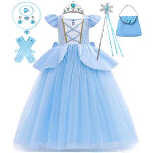 Girls Cinderella Princess Dress Kids Blue Princess Costume Dress up Costume Sets for Cinderella 5-6Years