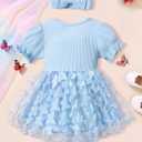 Qaoerde Baby Girl Dress Puff Sleeve Tutu Dress Butterfly Tulle Dress Flower Girl Birthday Party Princess Dresses (Blue)